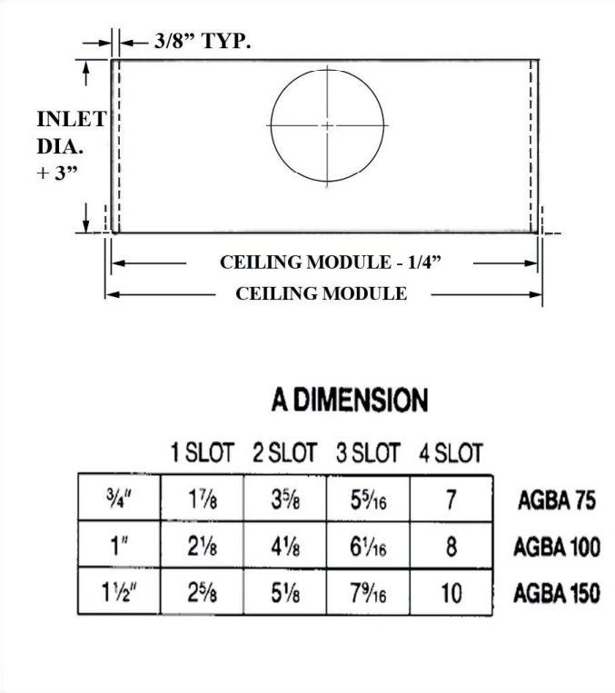 Dimensioned drawing of AGBA linear diffuser