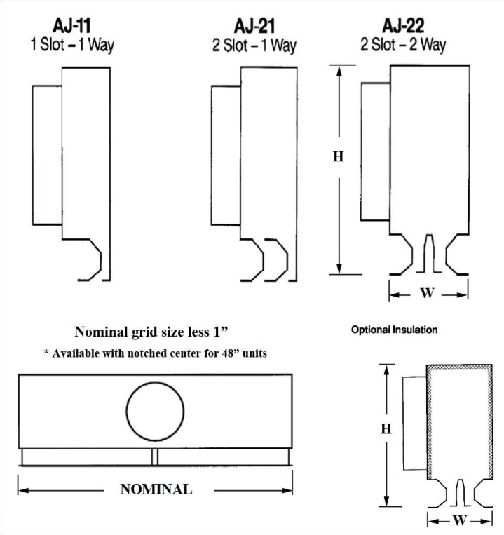 Dimensioned drawing of AJ linear diffuser