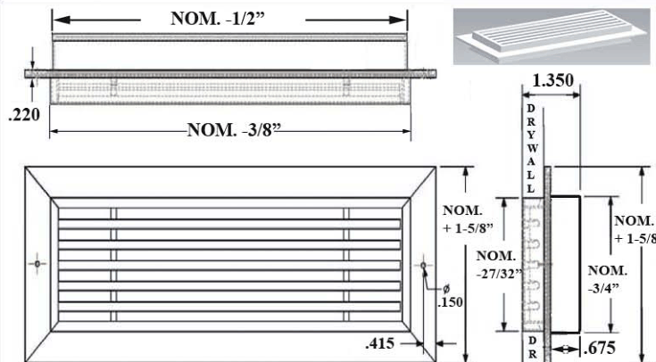 Dimensioned drawing of ARCHITECTURAL LD linear diffuser