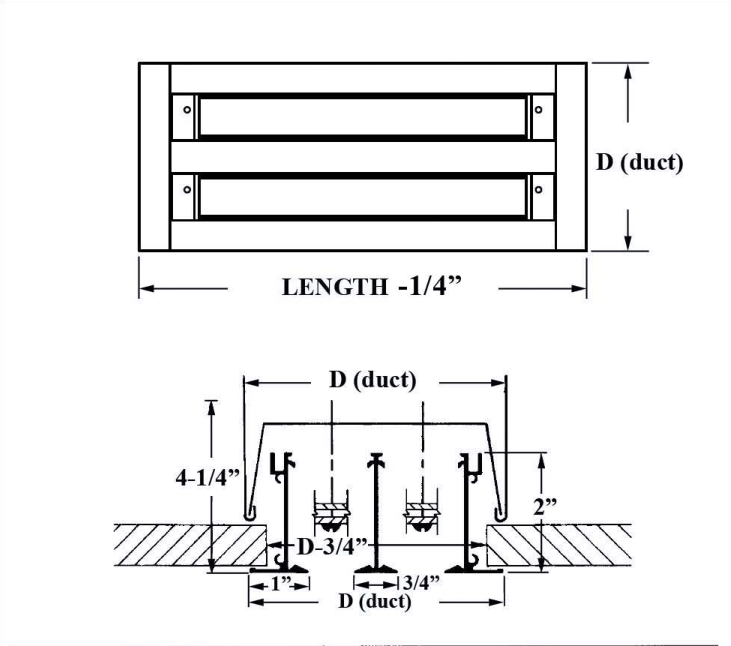 Dimensioned drawing of ASD TYPE I linear diffuser