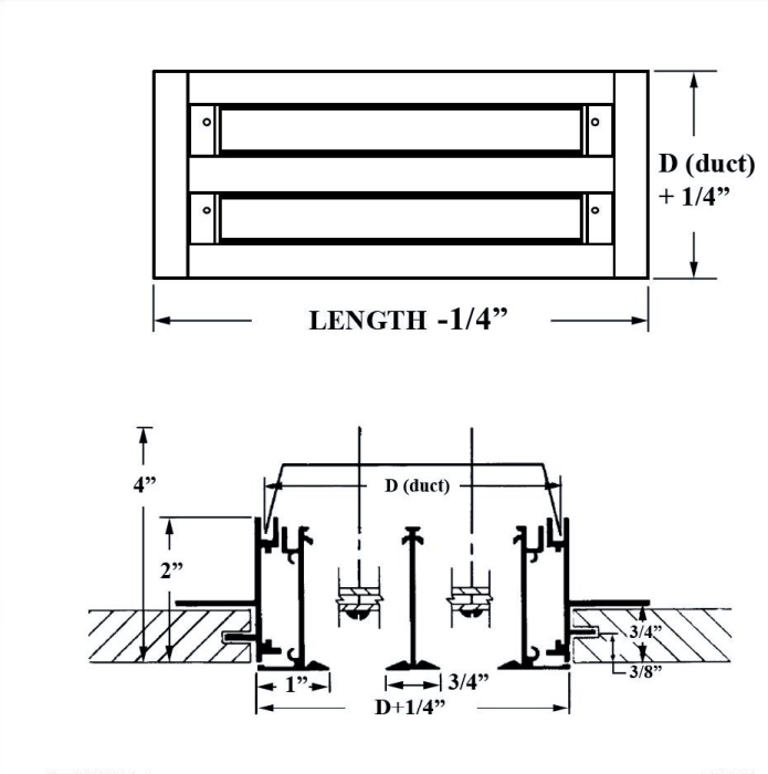 Dimensioned drawing of ASD TYPE II linear diffuser