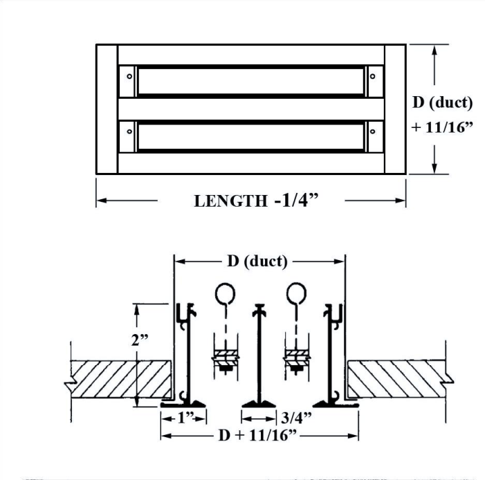 Dimensioned drawing of ASD TYPE III linear diffuser