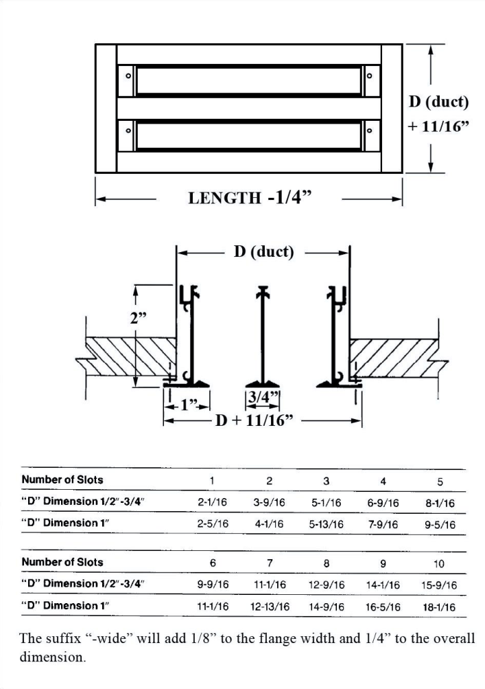 Dimensioned drawing of ASD TYPE IV linear diffuser