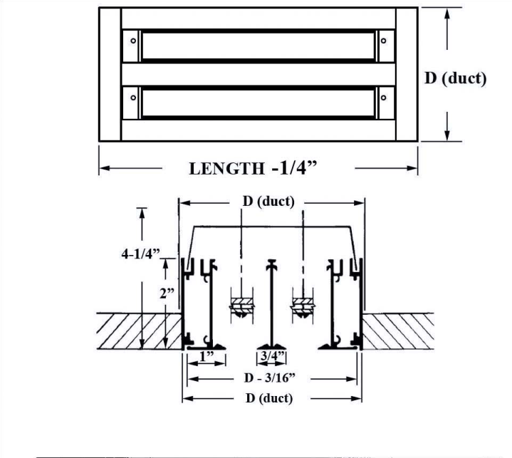 Dimensioned drawing of ASD TYPE IX linear diffuser