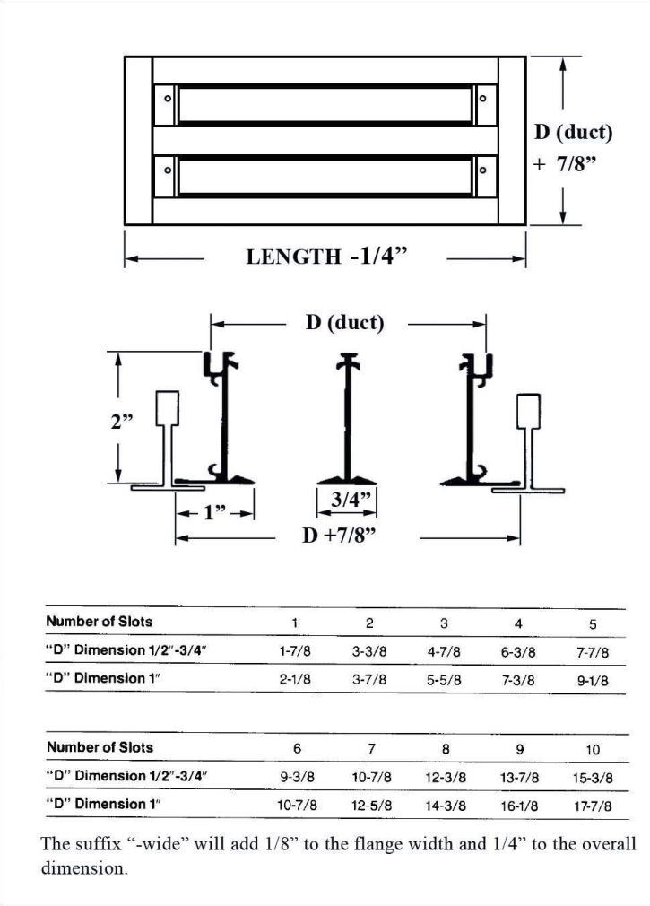 Dimensioned drawing of ASD TYPE V linear diffuser