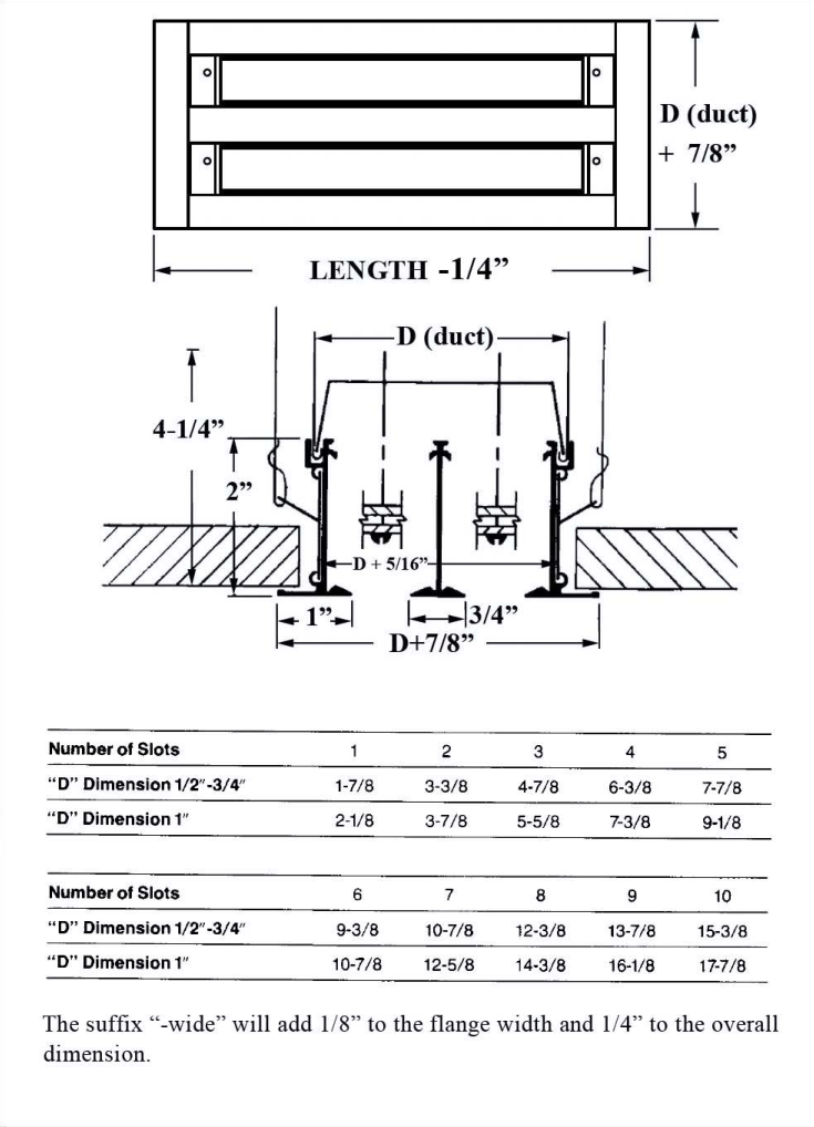 Dimensioned drawing of ASD TYPE VI linear diffuser