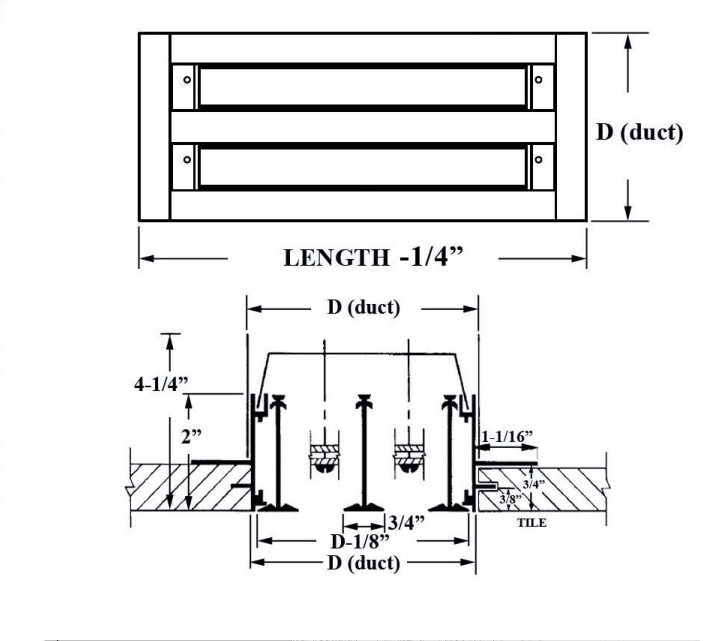Dimensioned drawing of ASD TYPE XII linear diffuser