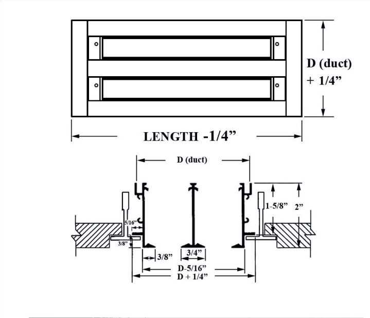 Dimensioned drawing of ASD TYPE XIV linear diffuser