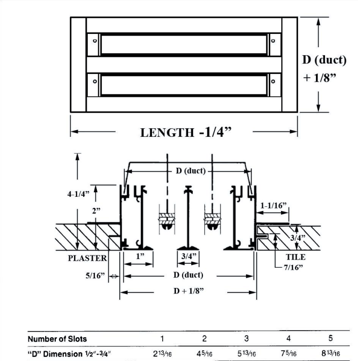 Dimensioned drawing of ASD TYPE XVI linear diffuser