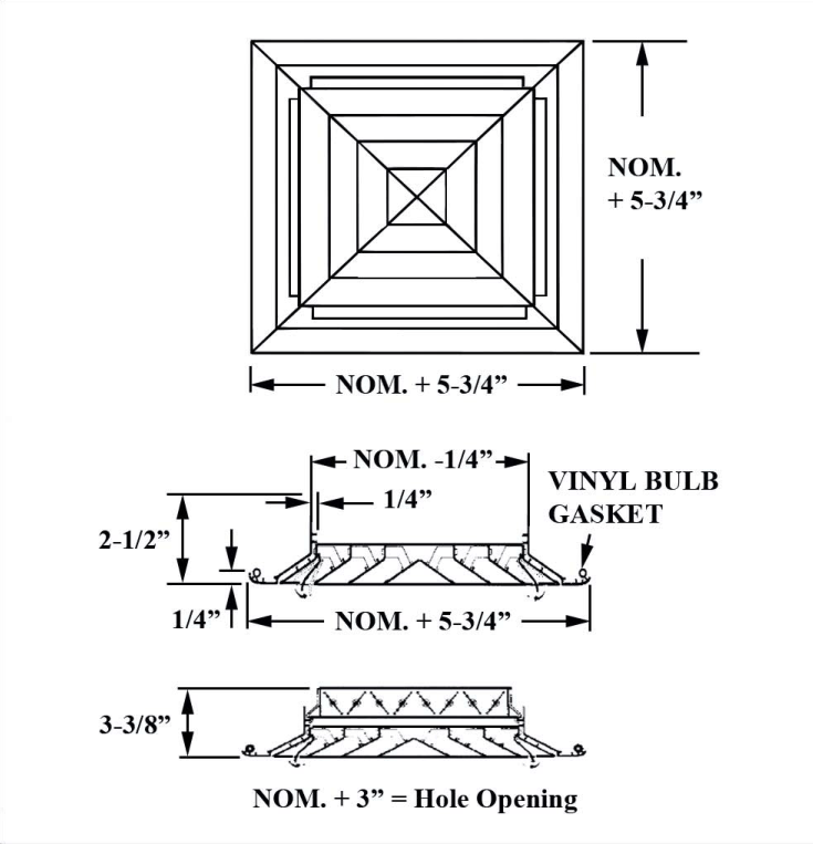 Dimensioned drawing of AVP-A-FM, AVP-A-FM-OB ceiling diffuser