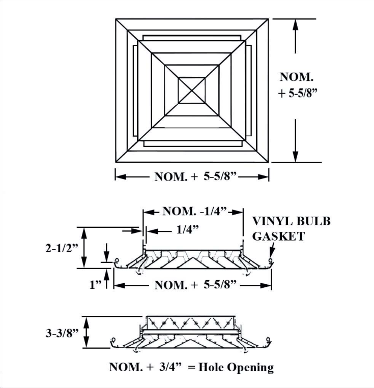 Dimensioned drawing of AVP-A-S, AVP-A-S-OB ceiling diffuser