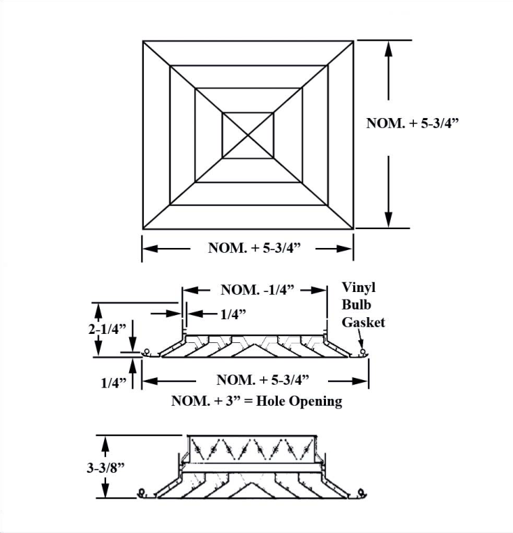 Dimensioned drawing of AVPFM, AVPFMOB ceiling diffuser