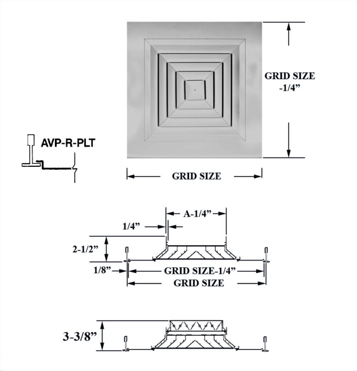 Dimensioned drawing of AVPPLT, AVPPLTOB ceiling diffuser