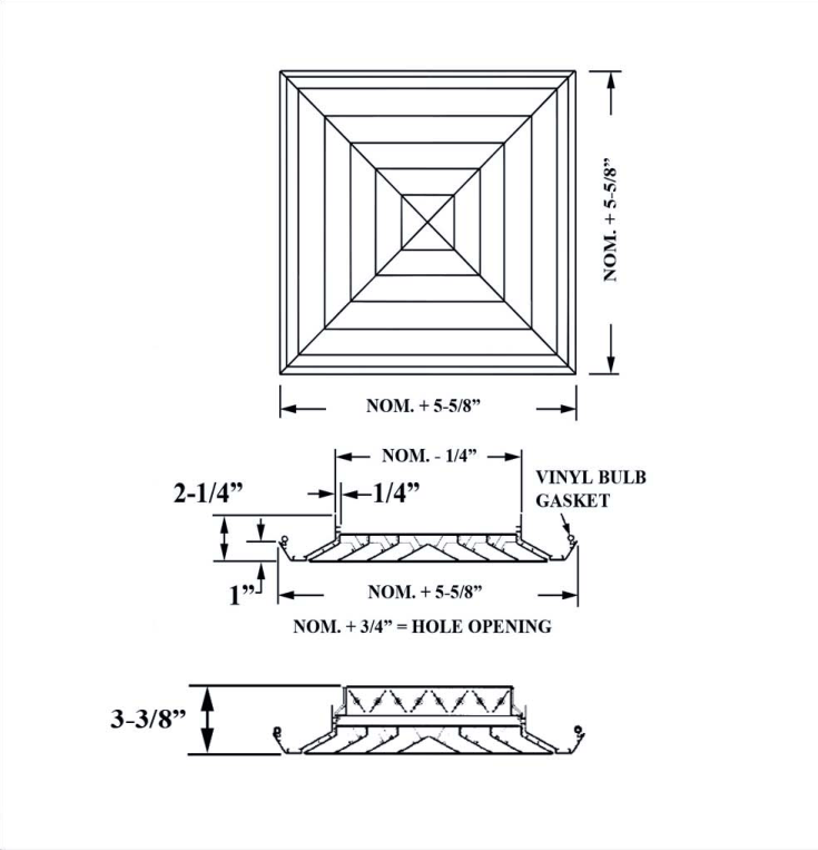 Dimensioned drawing of AVPS, AVPSOB ceiling diffuser