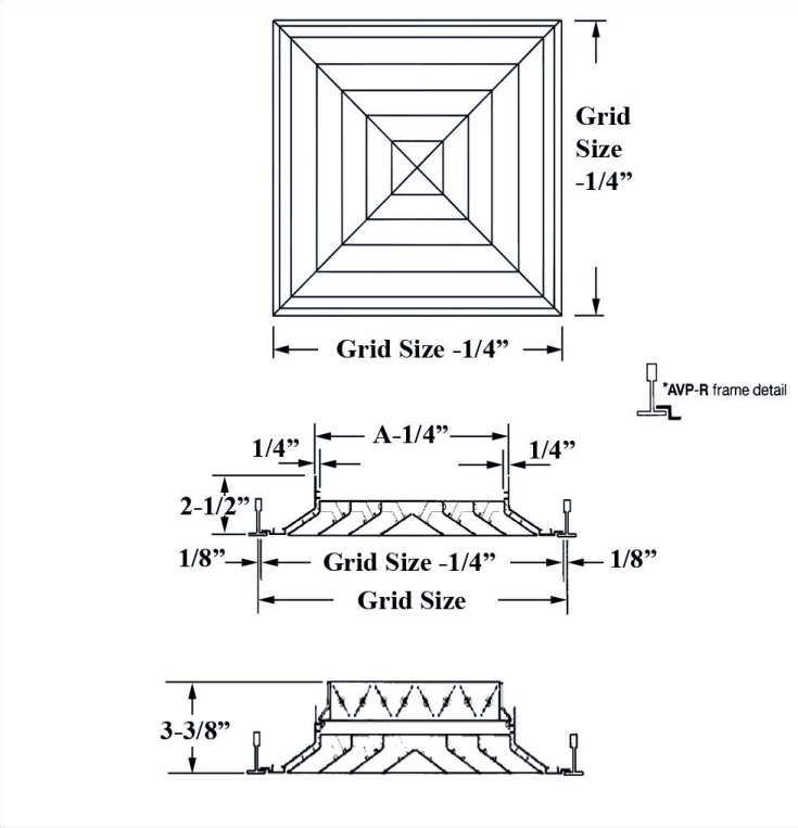 Dimensioned drawing of AVPT, AVPTOB, AVPR, AVPROB ceiling diffuser