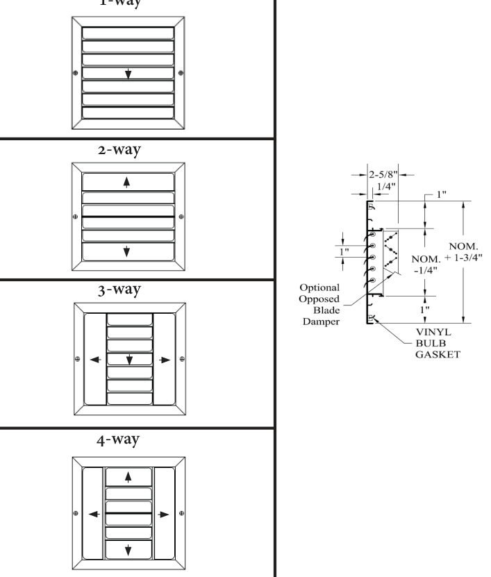 Dimensioned drawing of CB1ME, CB1MEOB, CB2ME, CB2MEOB, CB3ME, CB3MEOB, CB4ME, CB4MEOB supply grille