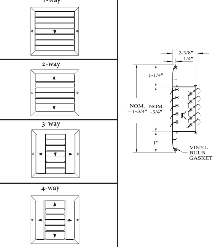 Dimensioned drawing of CB1ML, CB2ML, CB3ML, CB4ML supply grille