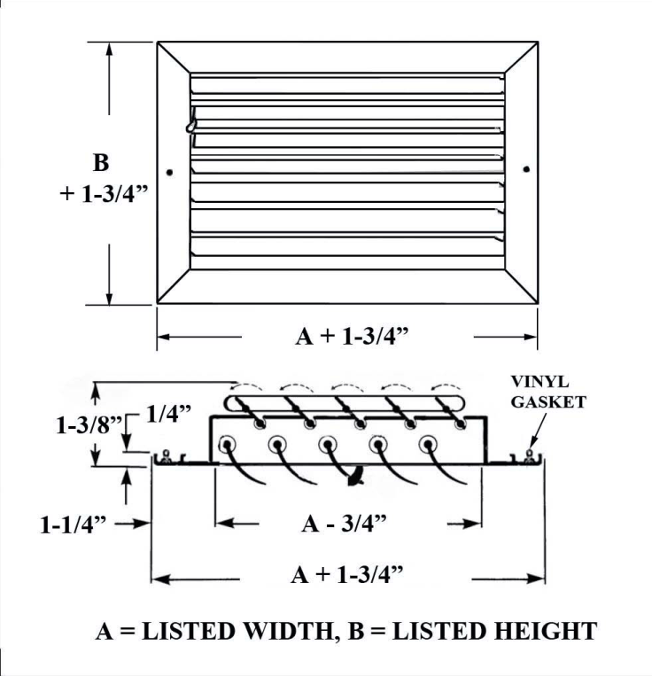 Dimensioned drawing of CBHML1ME supply grille