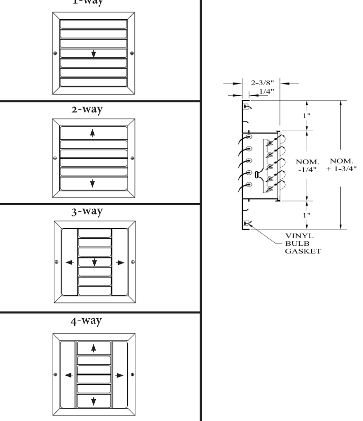 Dimensioned drawing of CBML-1ME, CBML-2ME, CBML-3ME, CBML-4ME supply grille