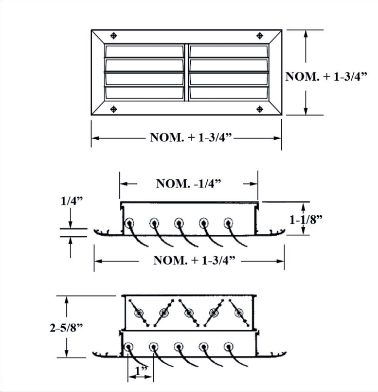 Dimensioned drawing of CLD1, CLDOB1, CLD2, CLDOB2 linear diffuser