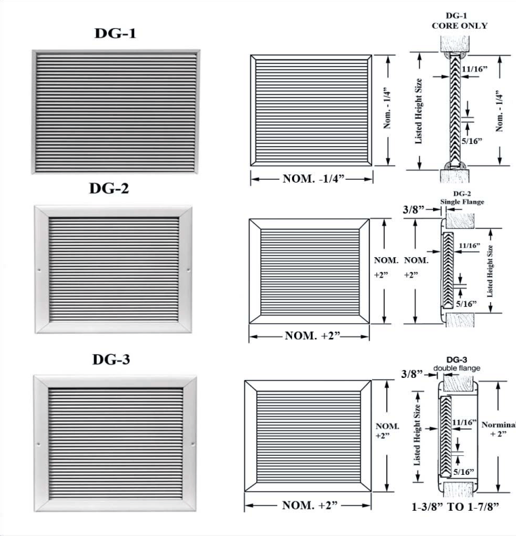 Dimensioned drawing of DG-1, DG-2, DG-3 return grille