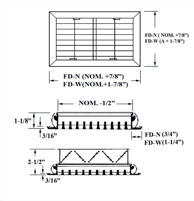 Dimensioned drawing of FD, FD-OB linear diffuser