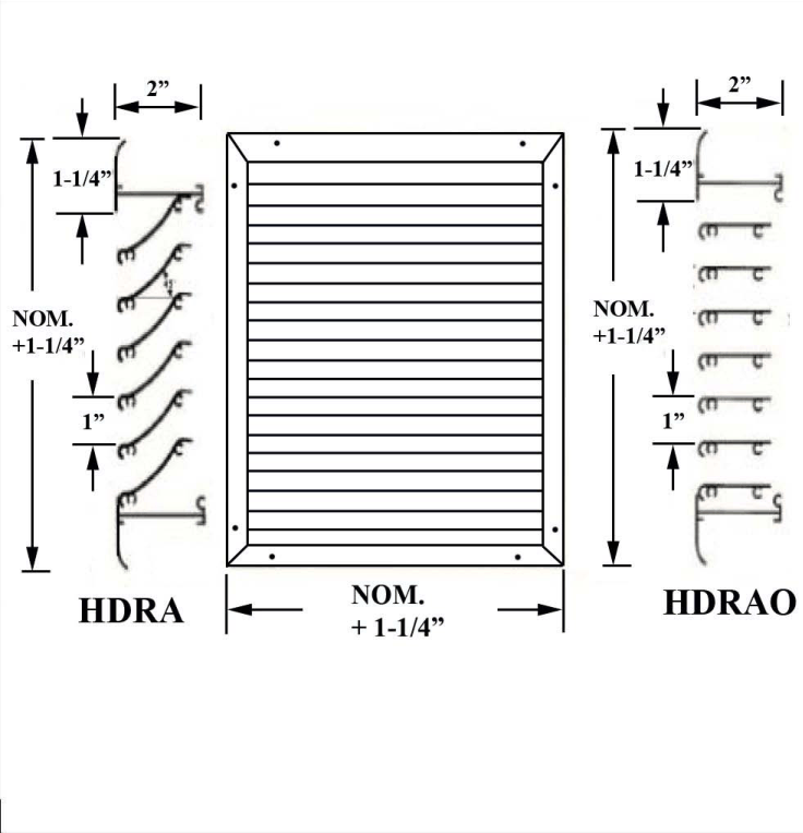 Dimensioned drawing of HDRA, HDRAO return grille