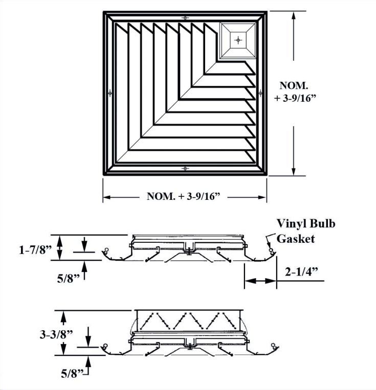 Dimensioned drawing of JS2CB, JS2CBOB ceiling diffuser