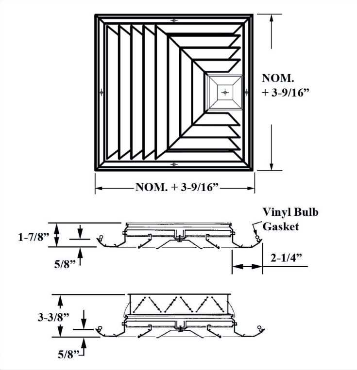 Dimensioned drawing of JS3, JS3OB ceiling diffuser
