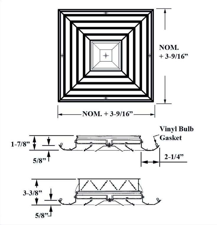 Dimensioned drawing of JS4, JS4OB ceiling diffuser