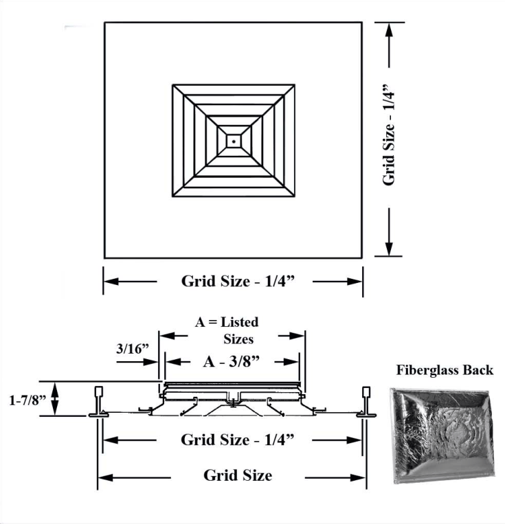 Dimensioned drawing of JSPLT, JSPLTFGB ceiling diffuser