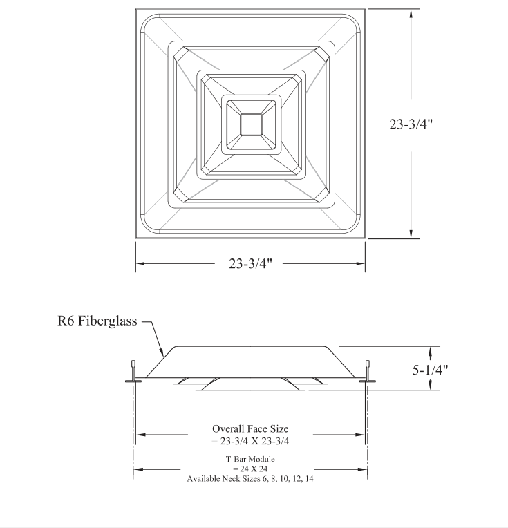 Dimensioned drawing of LCD-T-FGB ceiling diffuser