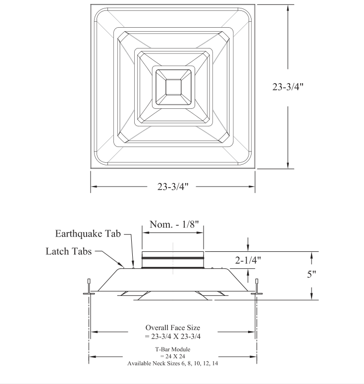 Dimensioned drawing of LCDT ceiling diffuser