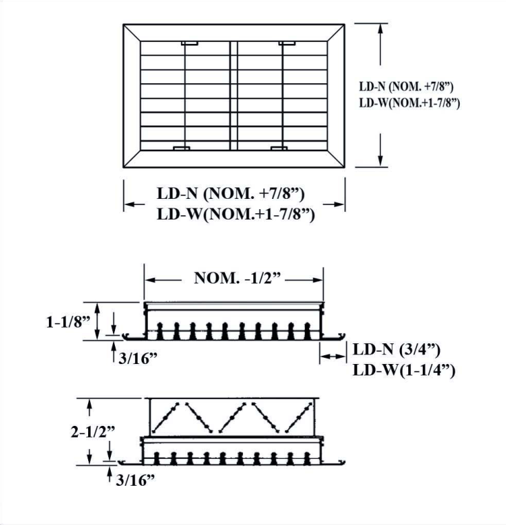 Dimensioned drawing of LD, LD-OB linear diffuser