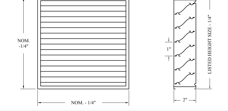 Dimensioned drawing of OL2-CHANNEL-J BLADE, OL2-CHANNEL-CHEVRON BLADE louver