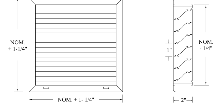 Dimensioned drawing of OL2-FLANGE-J BLADE, OL2-FLANGE-CHEVRON BLADE louver