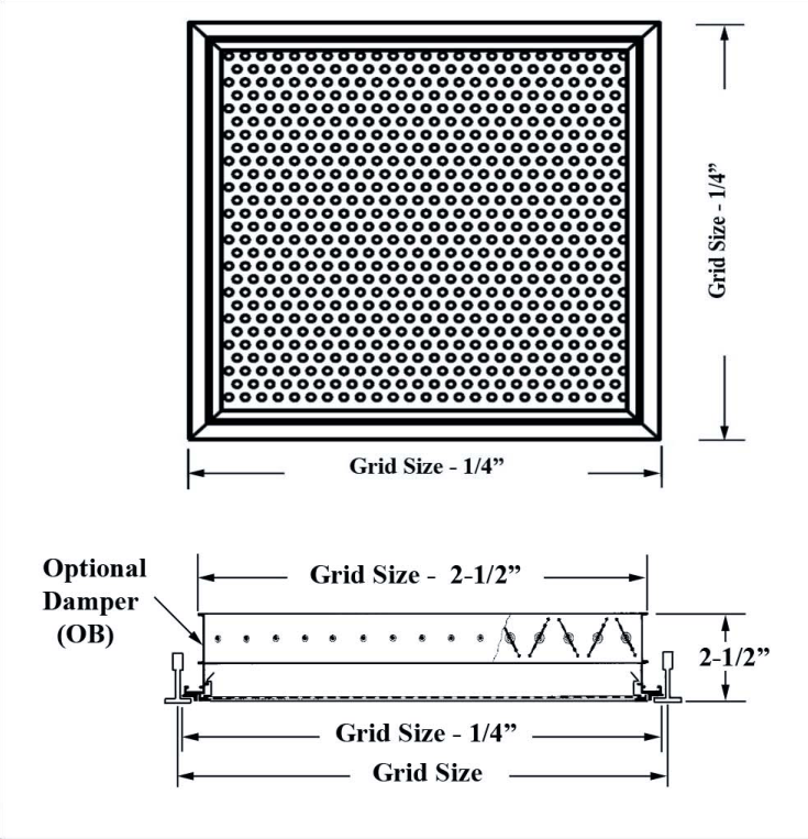 Dimensioned drawing of PCRT, PCTROB ceiling diffuser