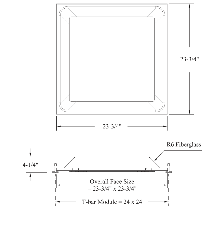 Dimensioned drawing of PD-T-FGB ceiling diffuser