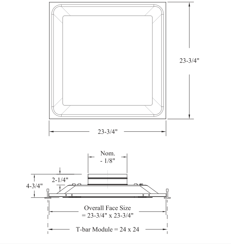 Dimensioned drawing of PD-T ceiling diffuser