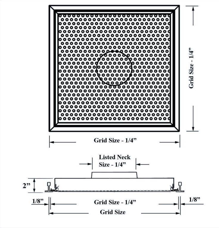 Dimensioned drawing of PR1, PR10, PR2, PR20 ceiling diffuser