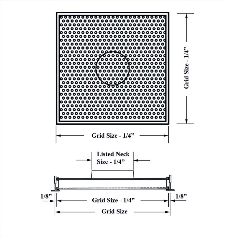 Dimensioned drawing of PR1NRF, PR2NRF ceiling diffuser