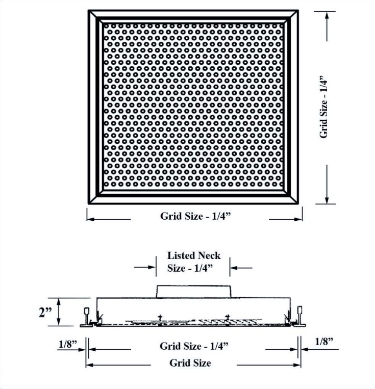 Dimensioned drawing of PS1, PS10, PS2, PS20 ceiling diffuser