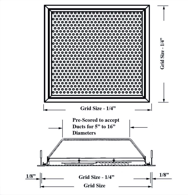 Dimensioned drawing of PS1FGB ceiling diffuser