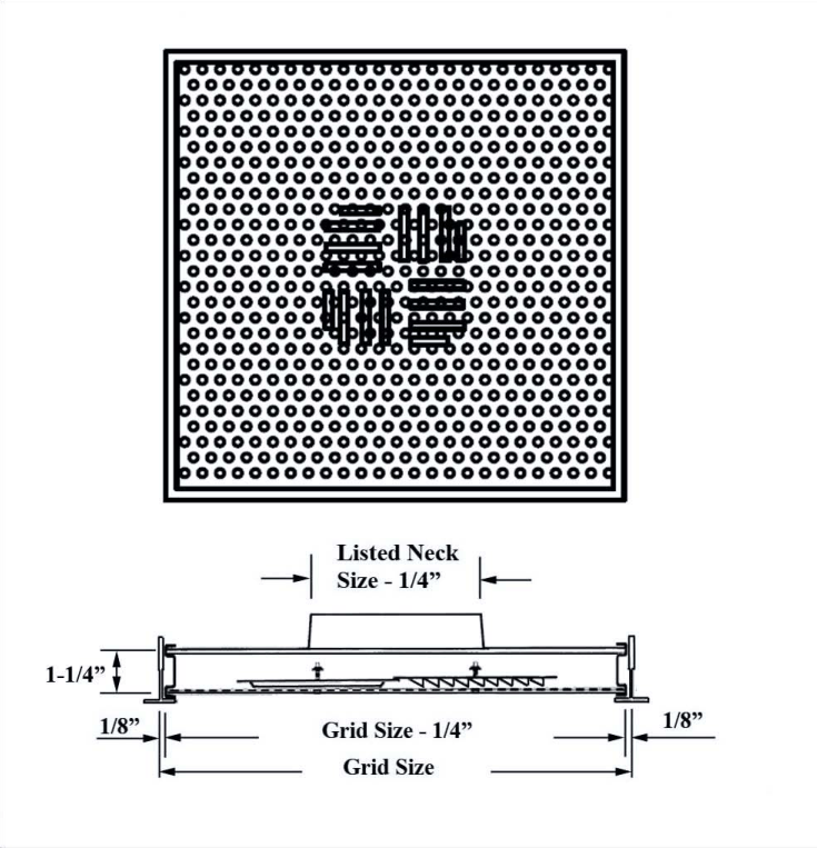 Dimensioned drawing of PS1NRF, PS2NRF ceiling diffuser