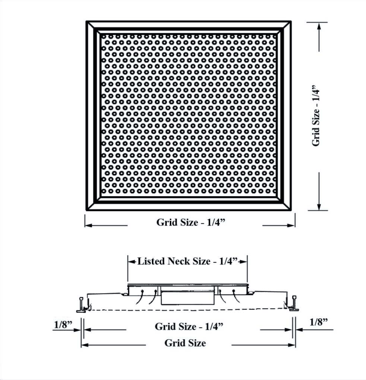Dimensioned drawing of PSCBN1, PSCBN10 ceiling diffuser