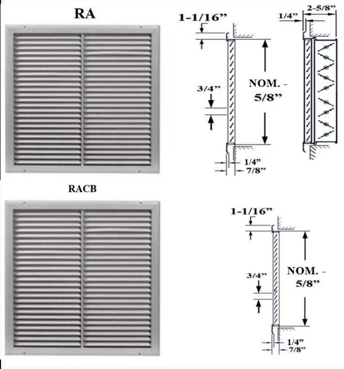 Dimensioned drawing of RA, RAOB, RACB return grille