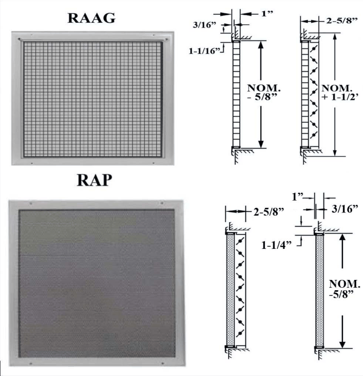Dimensioned drawing of RAAG, RAAGOB, RAAG 1X1X1, RAP, RAPOB return grille