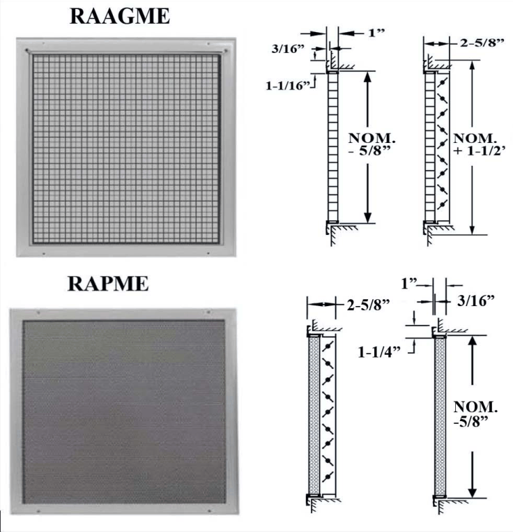 Dimensioned drawing of RAAGME, RAAGMEOB, RAAG 1X1X1, RAPME(OB) return grille