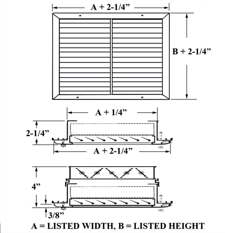 Dimensioned drawing of RAFB, RAFBOB return grille