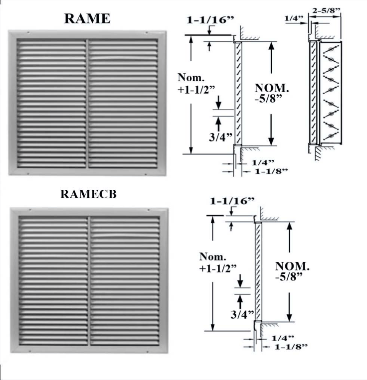 Dimensioned drawing of RAME, RAMEOB, RAMECB return grille